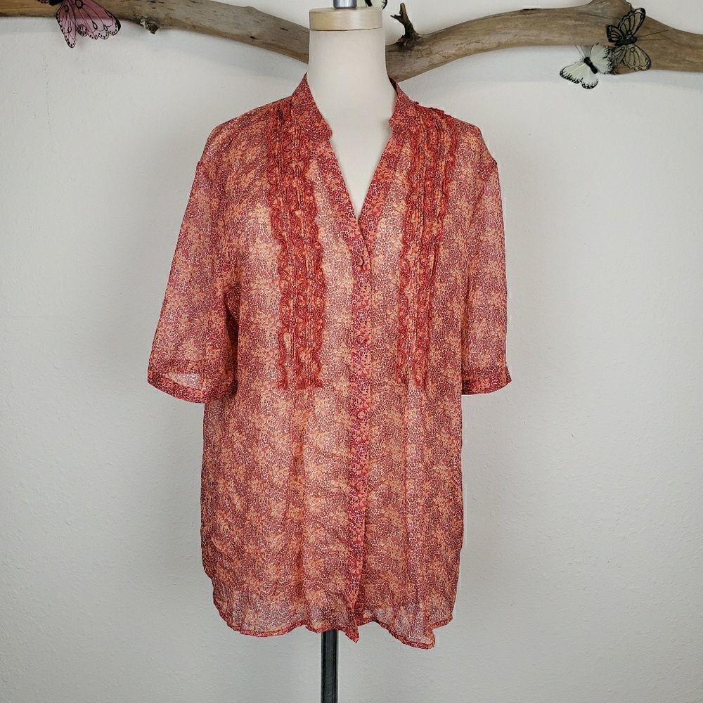 Banana republic orange ruffle front button up top